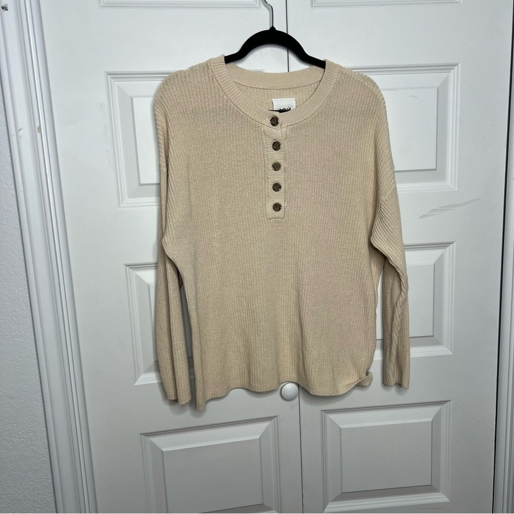 Aerie Cream Henley Sweater XS | 100% Cotton | Relaxed Fit Neutral Top